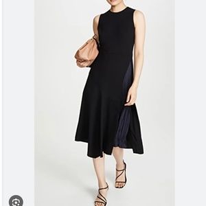 Vince Mixed Panel Asymmetric Paneled Crepe and Hammered Satin Midi Dress -Black